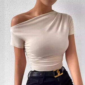 Spring summer slim draw pleated irregular short-sleeved T-shirt top